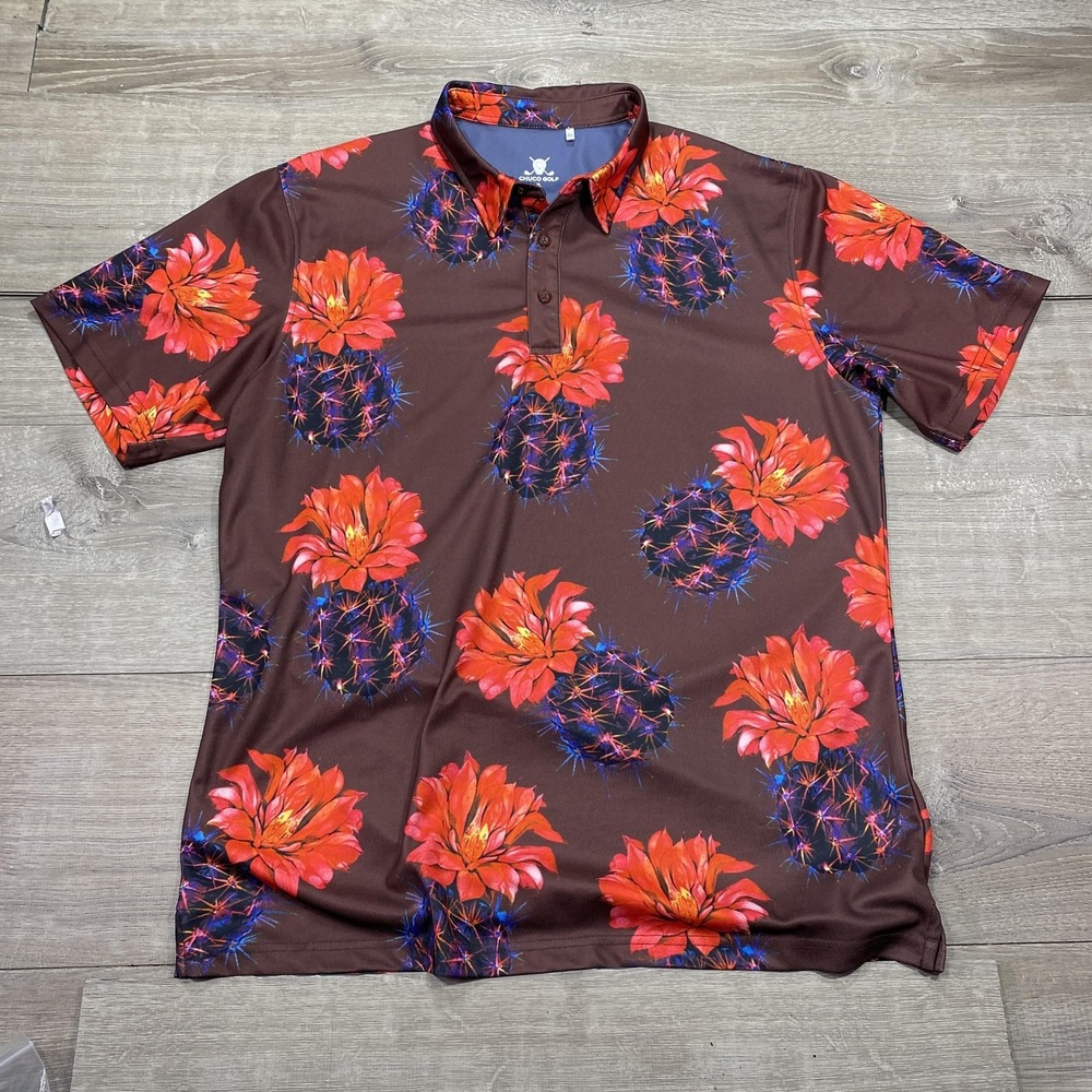 Chuco Golf Polo Shirt Mens XL Brown Cactus Floral Print Short Sleeve Performance
